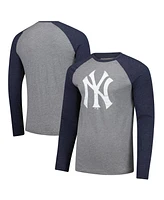 Fanatics Men's Heather Gray/Heather Navy New York Yankees Weathered Logo Tri-Blend Raglan Long Sleeve T-Shirt