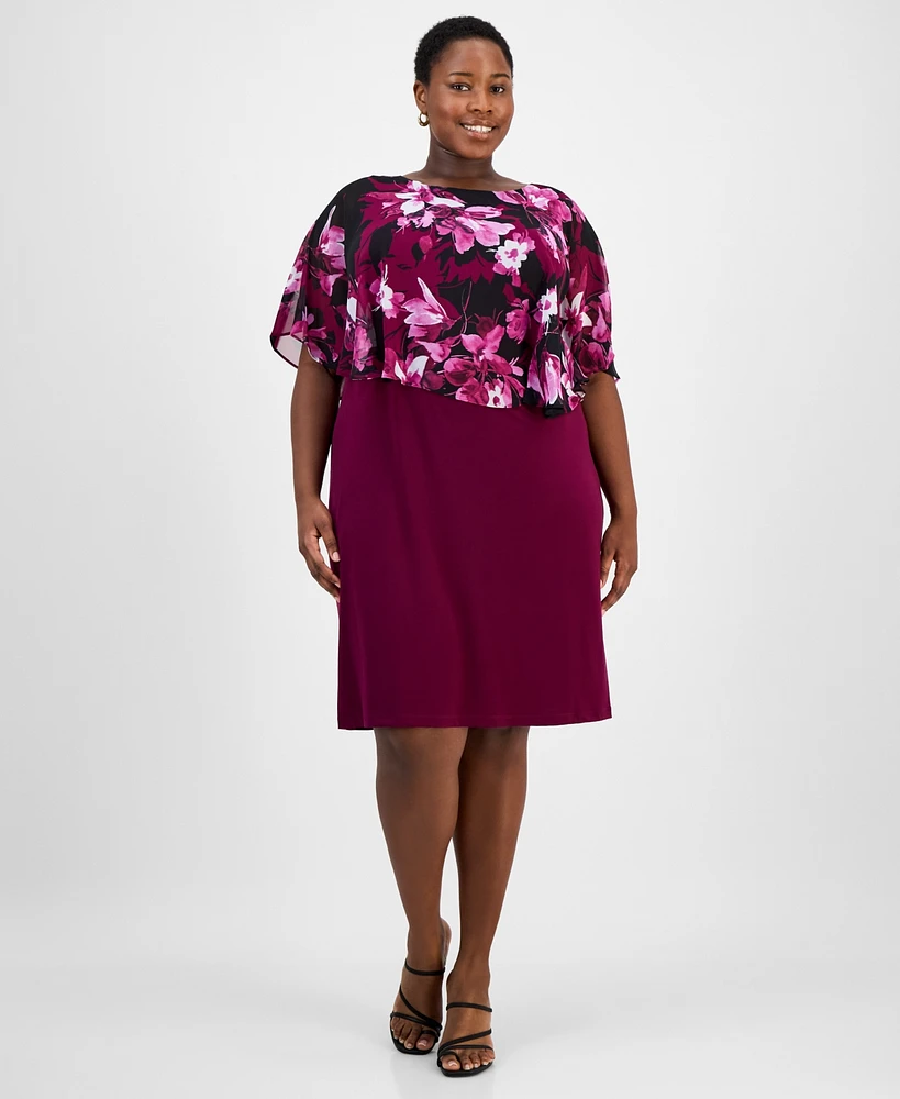 Connected Plus Floral-Print Capelet Sheath Dress