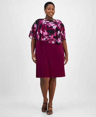 Connected Plus Floral-Print Capelet Sheath Dress