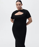 Mango Women's Slit Neckline Ribbed Midi Dress