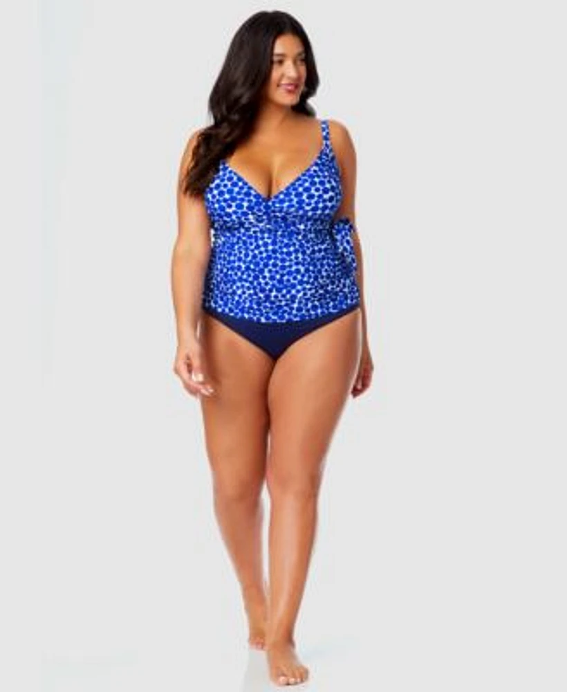 Anne Cole Plus Size Denim Dot Wrap Tie Tankini Top High Waist Bikini Bottoms