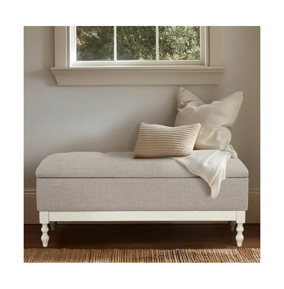 Tufted upholstered storage bench with soft-close lid, interior storage, and antique cream wood legs, perfect for bedrooms or entryways-The Pop Home