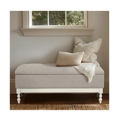 Tufted upholstered storage bench with soft-close lid, interior storage, and antique cream wood legs, perfect for bedrooms or entryways-The Pop Home