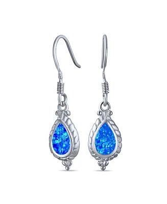 Bling Jewelry Antique Cable Milgrain Cameo Style Teardrop Iridescent White Created Opal Drop Dangle Earrings .925 Sterling Silver French Wire