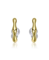14K Gold Plated with Curved Design and Pearl Accent Modern Huggie Earrings