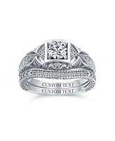 Bling Jewelry Deco Style Milgrain 1CTW Cubic Zirconia Promise Ring Set Sterling Silver