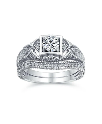 Bling Jewelry Deco Style Milgrain 1CTW Cubic Zirconia Promise Ring Set Sterling Silver