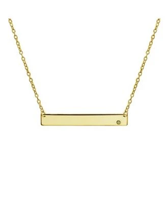 Bling Jewelry Horizontal Sideway Flat Bar Name Plated Pendant Necklace Gold Plated Sterling Silver With Crystal