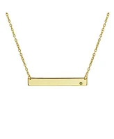 Bling Jewelry Horizontal Sideway Flat Bar Name Plated Pendant Necklace Gold Plated Sterling Silver With Crystal