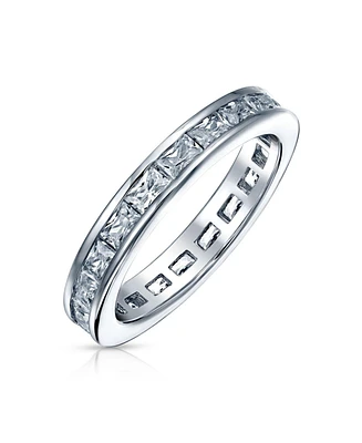 Bling Jewelry Simple Cubic Zirconia Channel Princess Cut Cz Stackable Band Eternity Ring .925 Sterling Silver 2MM