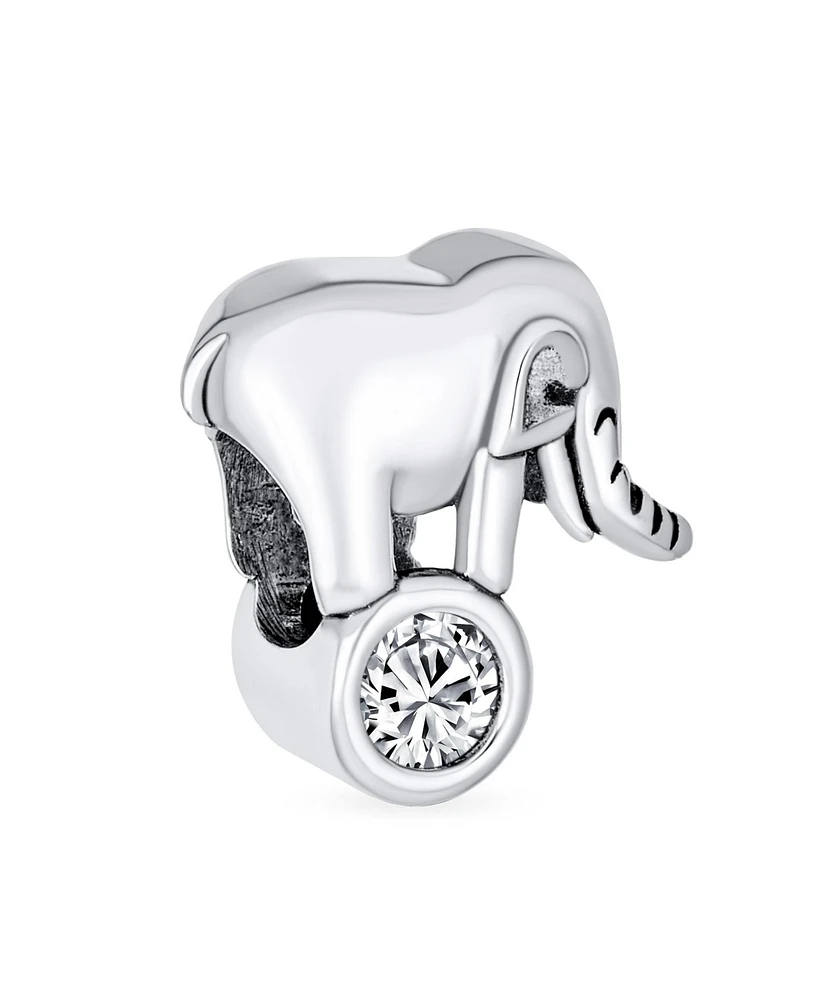 Bling Jewelry Lucky Animal Good Luck Trunk Up Circus Elephant Bezel Cz Bead Charm .925 Sterling Silver