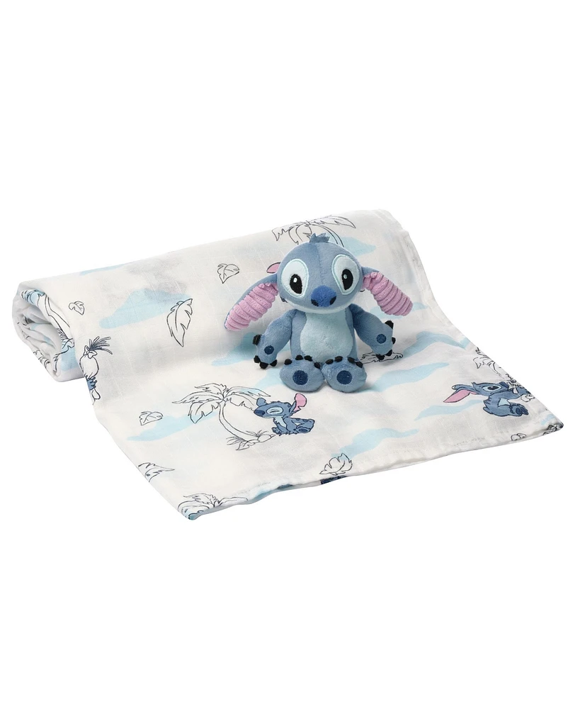 Lambs & Ivy Baby Disney Stitch Bamboo Muslin Swaddle Blanket & Plush Toy Gift Set
