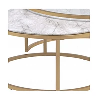 Set of Two 36" Clear White And Gold Glass Faux Marble And Iron Round Nested Coffee Tables