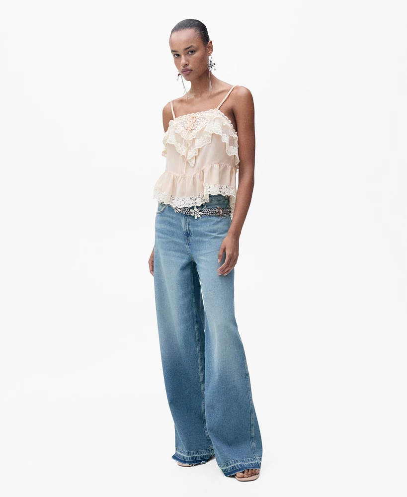 Mango Women's Wide Leg Low Frayed Hem Jeans