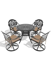 5-Piece Cast Aluminum Dining Set, 4 Swivel Chairs, 35" Round Table