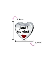 Bling Jewelry Red Heart Shape Two Sided Words Just Married Charm Bead .925 Sterling Silver