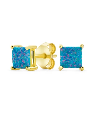 Bling Jewelry Simple Classic White Fire Orange Green Blue Opulence Created Opal Square Princess Cut Stud Earrings Yellow Gold Plated .925 Sterling Sil