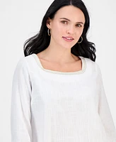 Jm Collection Petite Square-Neck Rope-Trim 3/4-Sleeve Top, Exclusively at Macy's