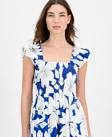 Anne Klein Petite Smocked Bodice Printed Midi Dress