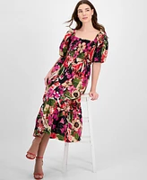 Anne Klein Women's Smocked Puff-Sleeve Floral Midi Dress