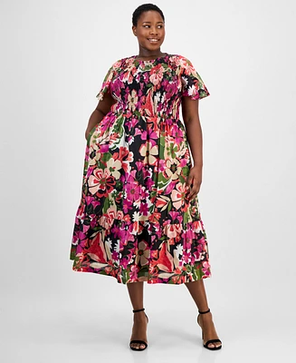 Anne Klein Plus Smocked Floral Midi Dress