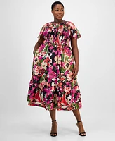 Anne Klein Plus Smocked Floral Midi Dress