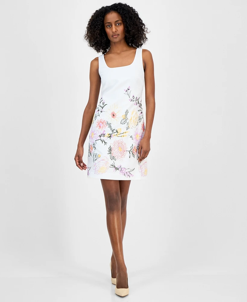 Tahari Asl Petite Embroidered Square-Neck Shift Dress