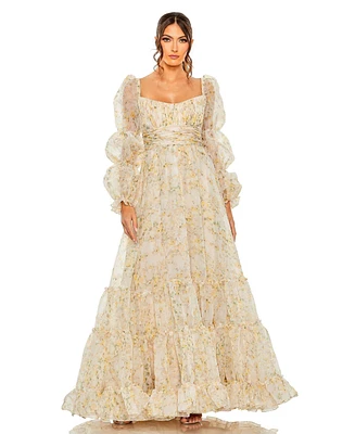 Mac Duggal Women's Sweetheart Balloon Sleeve Chiffon Tiered Gown