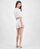 Guess Womens Dessa Short Sleeve Tie Front Top Dessa Embroidered Linen Shorts
