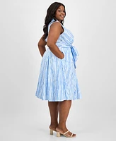 Tahari Asl Plus Cotton Striped Faux-Wrap Shirtdress