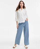 Jones New York Women's Y-Neck Button-Front Embroidered Cotton Top