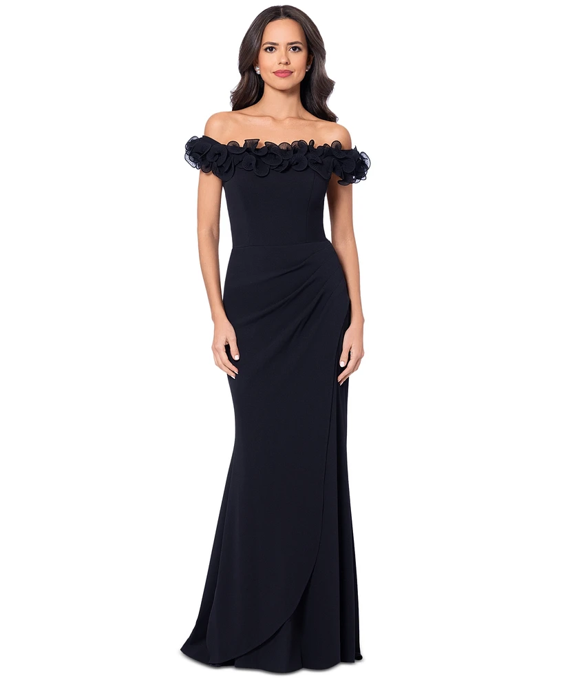 Xscape Women's Scuba-Crepe Ruffled Off-The-Shoulder Fit & Flare Gown