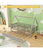 Twin House Bed with Trundle and Fence Rail