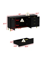 Tv stand with three drawers and two cabinet doors, media console metal feet, wooden entertainment center