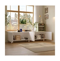 Tv stand with 4 cabinet doors, media console with six legs, white wooden entertainment center