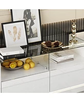 White Tv stand with two drawers and two doors, entertainment center with light strip, media console with drain box