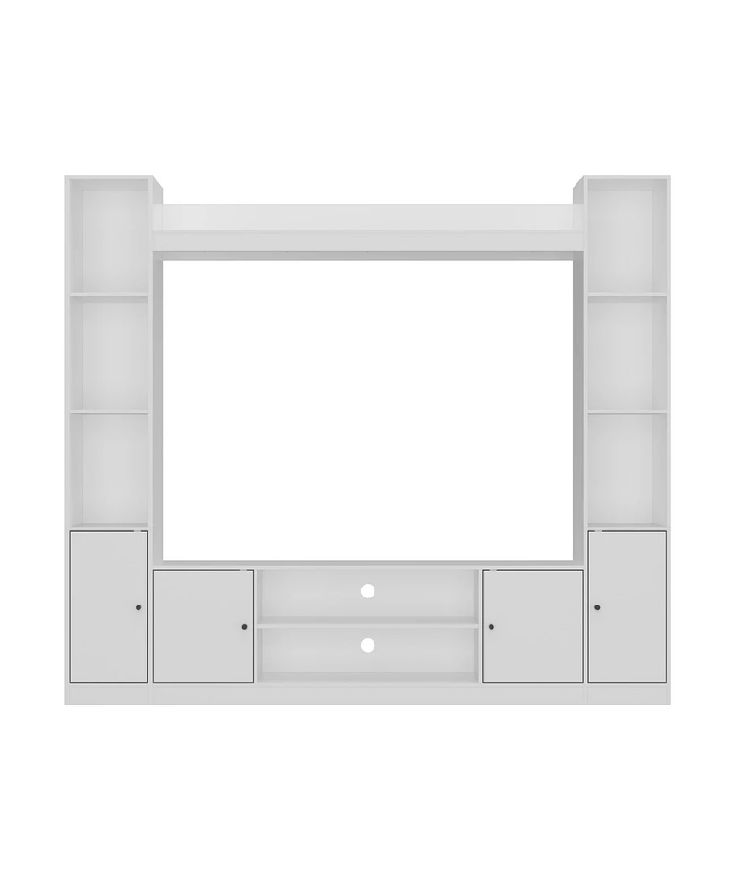Black four-door Tv stand, media console with movable shelves, multi-purpose entertainment center