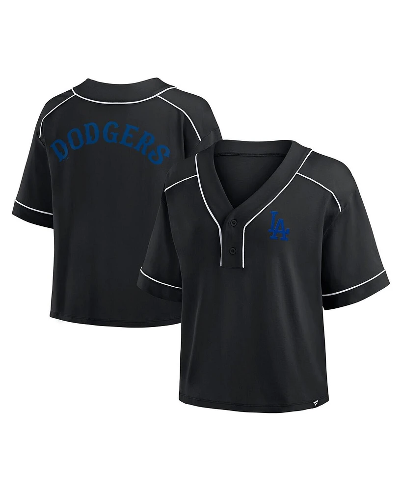 Fanatics Women's Black Los Angeles Dodgers Oversized Champ Game Midi Cropped V-Neck T-Shirt