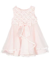 Baby Girls Basket Weave Social Dress with Two Tiered Ribbon Skirt