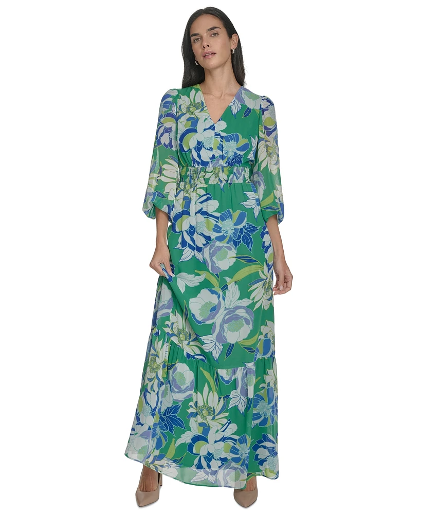 Jessica Howard Women's Printed Puff-Sleeve V-Neck Maxi Dress