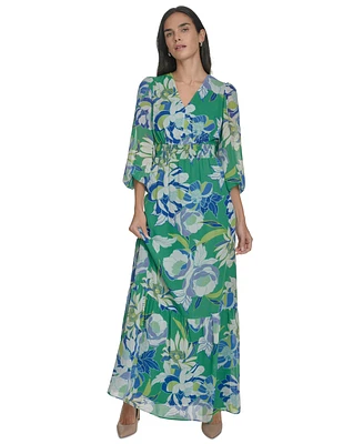 Jessica Howard Women's Printed Puff-Sleeve V-Neck Maxi Dress