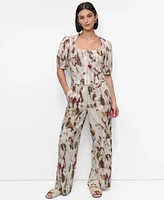Dkny Women's Printed Woven Zip Puff-Sleeve Top