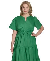 Jessica Howard Plus Cotton Tiered Split-Neck Maxi Dress