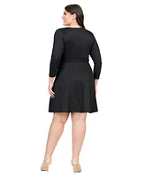 24seven Comfort Apparel Plus Chic V-Neck Long Sleeve Belted Dress
