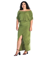 24seven Comfort Apparel Plus Boat Neck Batwing Sleeve Slit Maxi Dress