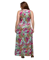 24seven Comfort Apparel Plus Print Scoop Neck A-Line Sleeveless Maxi Dress