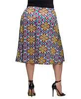 24seven Comfort Apparel Plus Print Comfortable Elastic Waist Knee Length Skirt