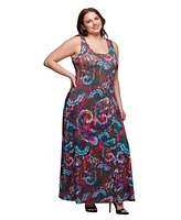 24seven Comfort Apparel Plus Print Scoop Neck A-Line Sleeveless Maxi Dress