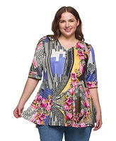 24seven Comfort Apparel Plus Print Elbow Sleeve V-Neck Henley Tunic Top