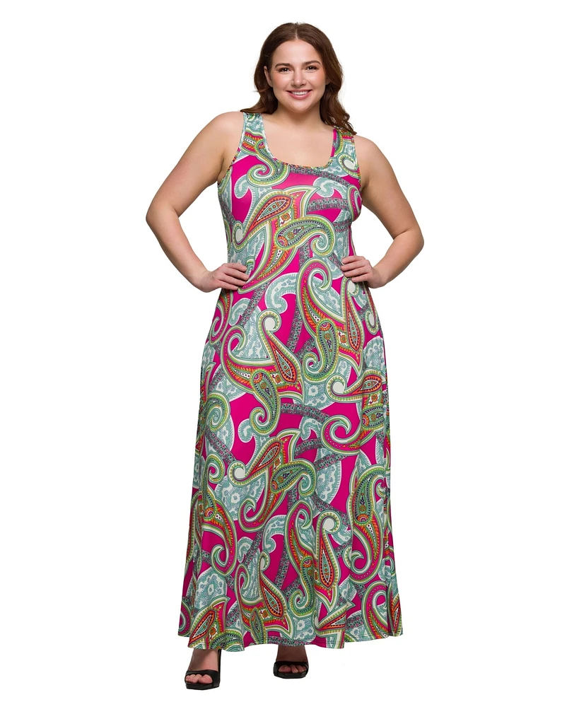24seven Comfort Apparel Plus Print Scoop Neck A-Line Sleeveless Maxi Dress